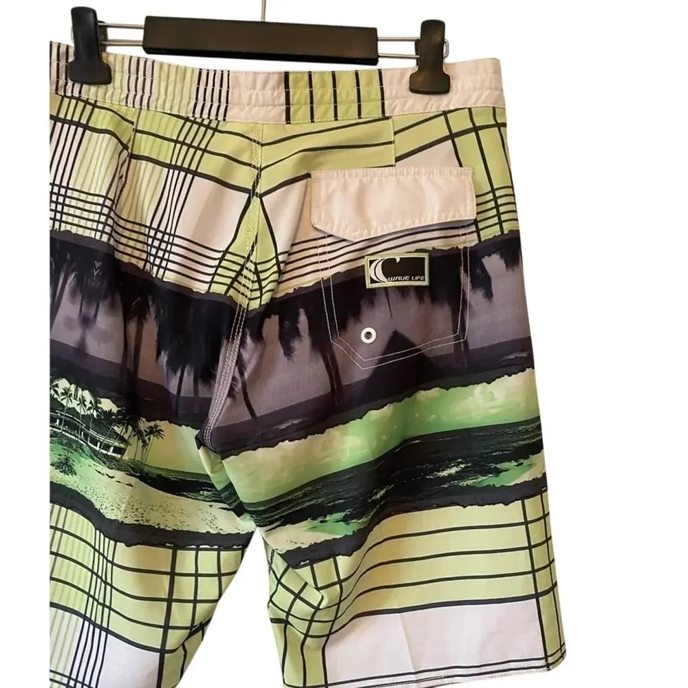 Wave Life Men's XL Swim‎ Board Shorts Green Black Swim Beach Travel Resort NWT